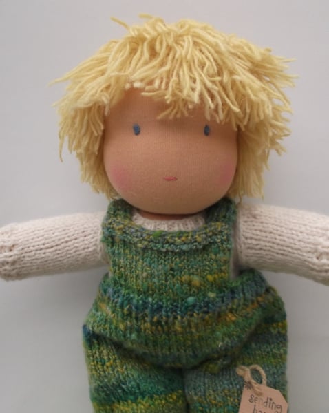 30 cm Waldorf doll, boy with green dungaree