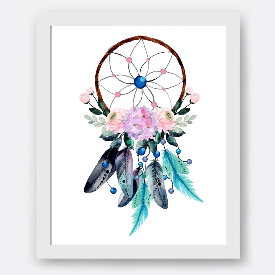 Feather Dream catcher wall print, Watercolour dream catcher, Boho wall decor