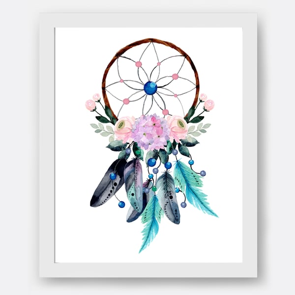 Feather Dream catcher wall print, Watercolour dream catcher, Boho wall decor