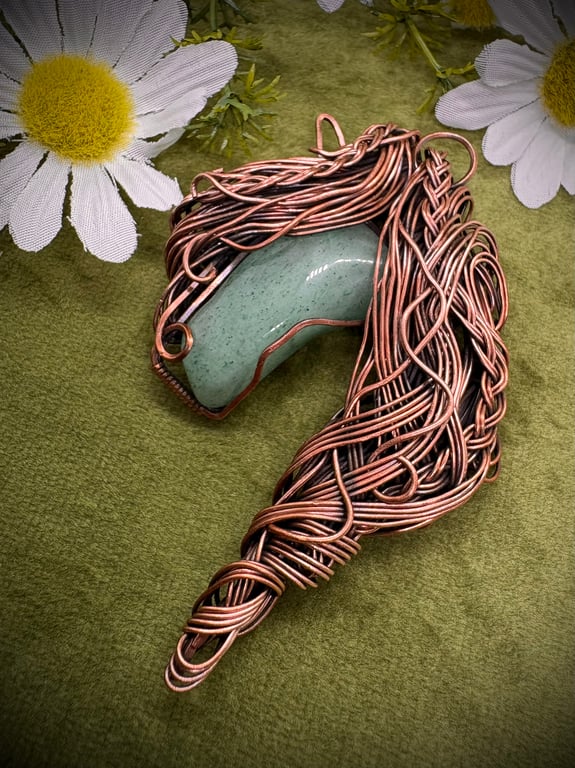 Antique copper wire wrap horse head pendant with Green Aventurine.