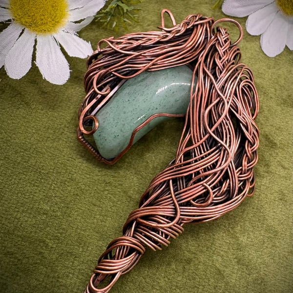 Antique copper wire wrap horse head pendant with Green Aventurine.