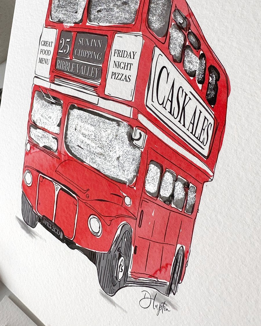 Hand Finished Watercolour A5 Art Print - Chipping Double Decker Bus 