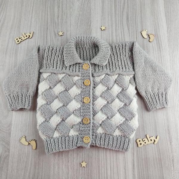 Baby Hand Knitted Cardigan Grey White, Woven Effect Knitted Jacket