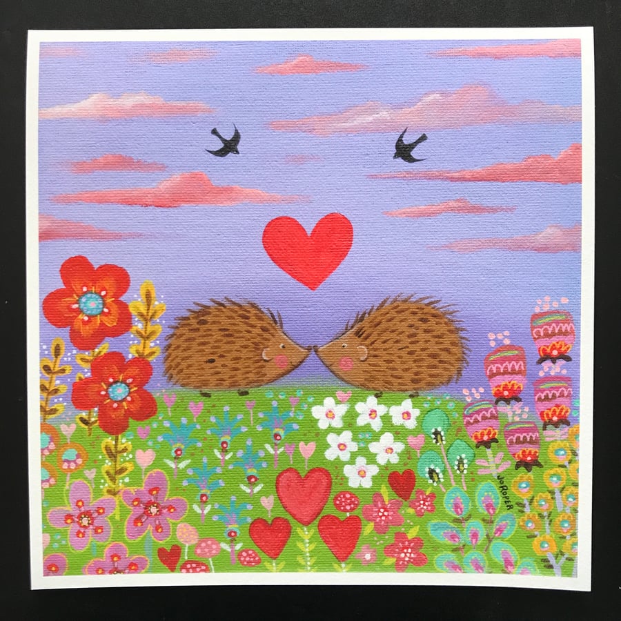 Hedgehog LOVE  is a 9" x 9" giclee Print by Jo Roper Art  