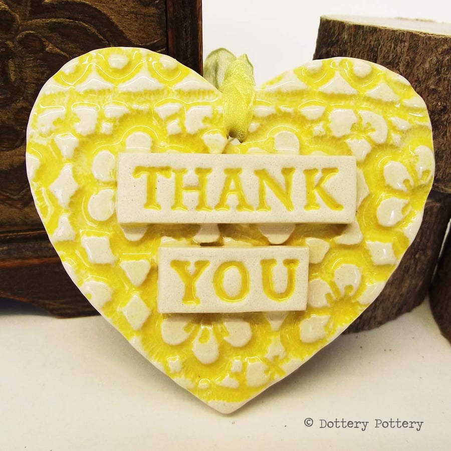 Yellow Ceramic heart floral decoration Thank You Teacher Gift Pottery heart