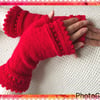 Hand knitted fingerless gloves using red DK acrylic yarn machine washable 