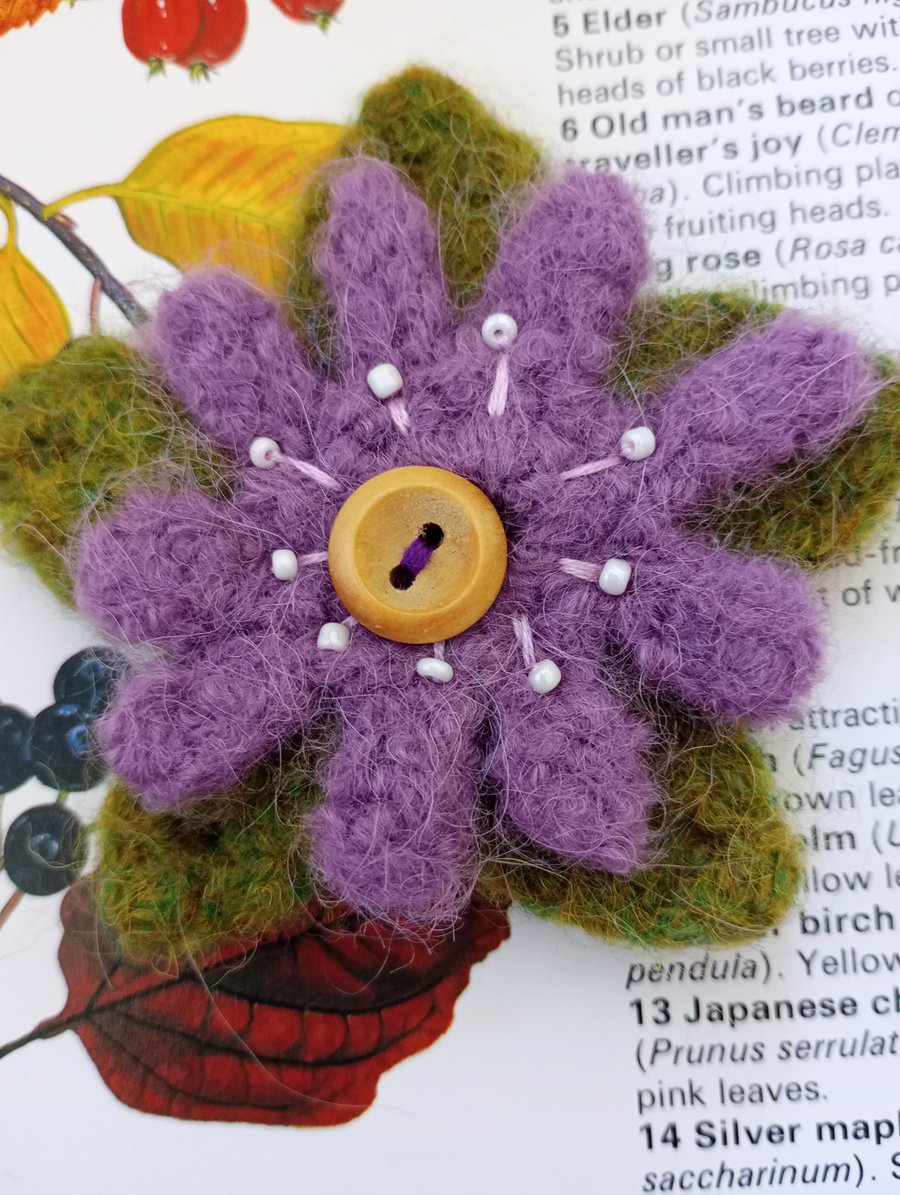 Felted crochet flower brooch 