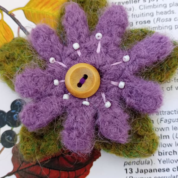 Felted crochet flower brooch 