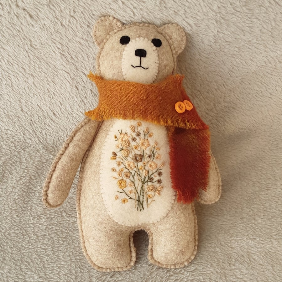 Hand embroidered gifts, wool felt teddy bear,scandi style hand embroidery bear. 