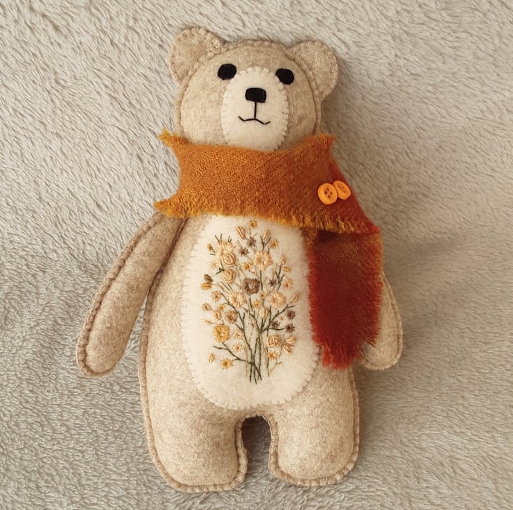 Hand embroidered gifts wool felt teddy bear scandi style hand embroidery bear