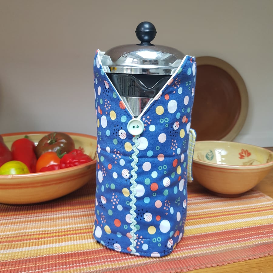 Cafetiere cosie with thermal wadding: blue with spots