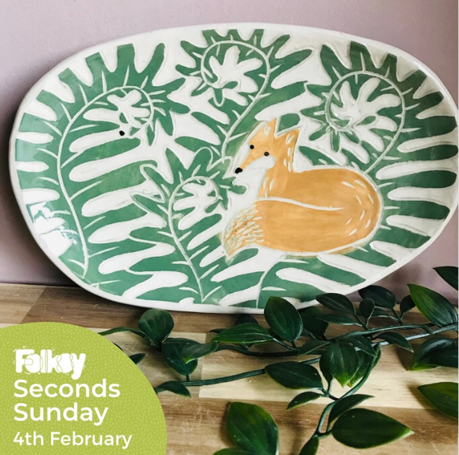 SECONDS SUNDAY Handmade stoneware fox and fern oval plate side plate tableware 