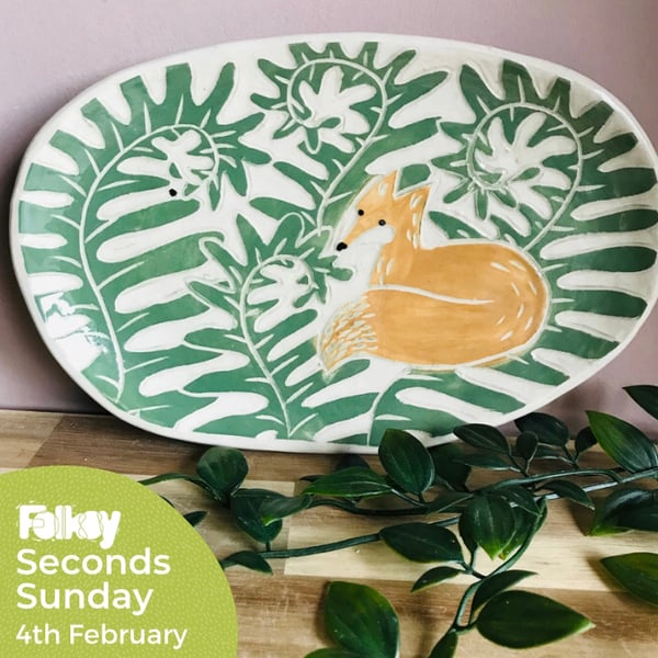 SECONDS SUNDAY Handmade stoneware fox and fern oval plate side plate tableware 