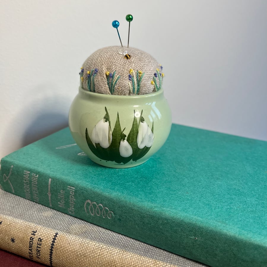 RESERVED FOR H - Holkham Pottery Snowdrop pot embroidered pin cushion