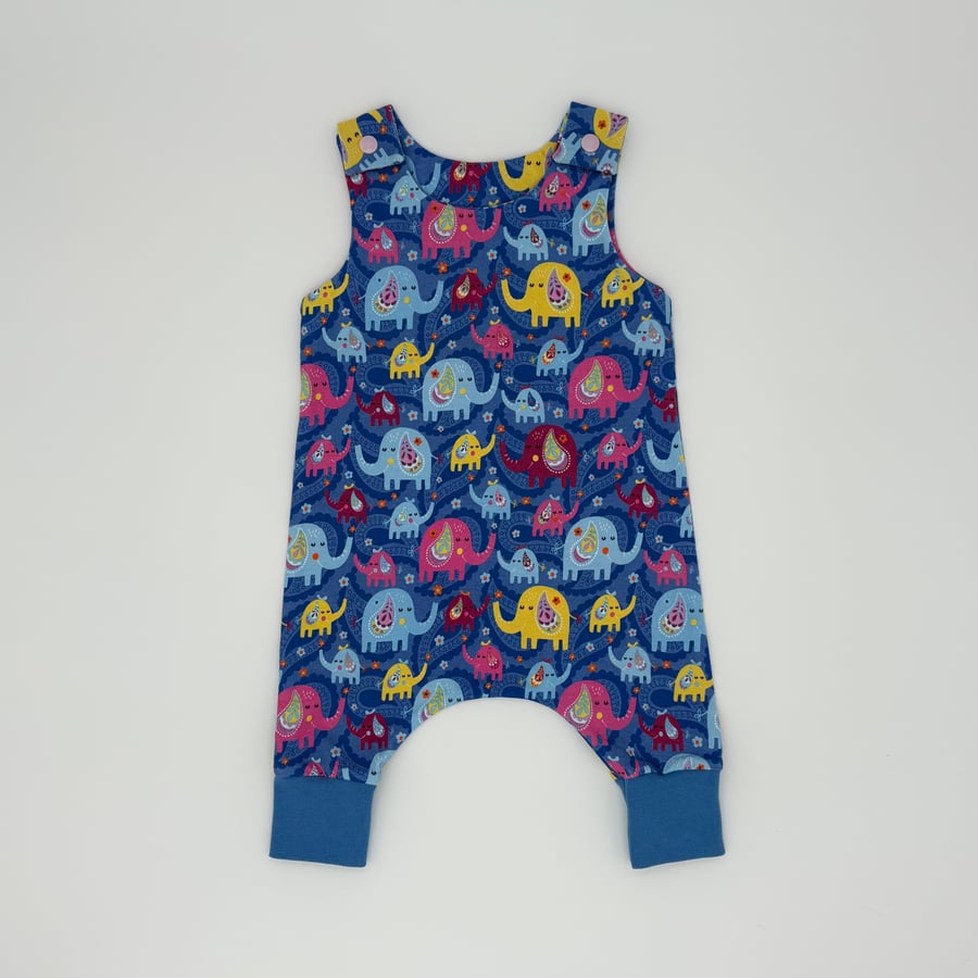 (0-3 months) Paisley Elephant print handmade baby dungarees with blue cuffs