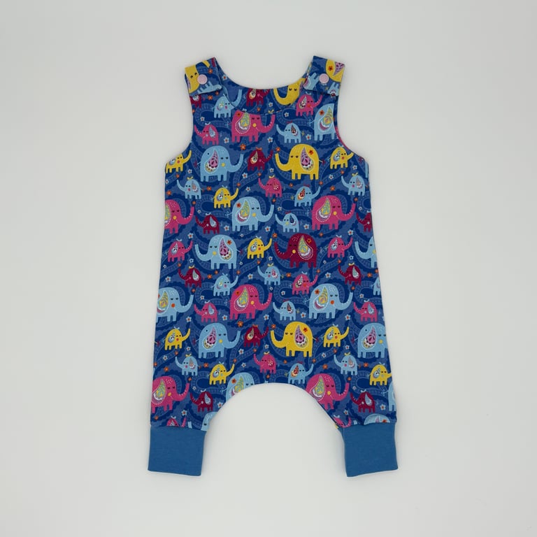 (0-3 months) Paisley Elephant print handmade baby dungarees with blue cuffs