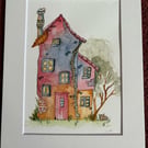Whimsical Watercolor Cottage Hand-Painted Original Artwork Mounted 9x7 for 7x5