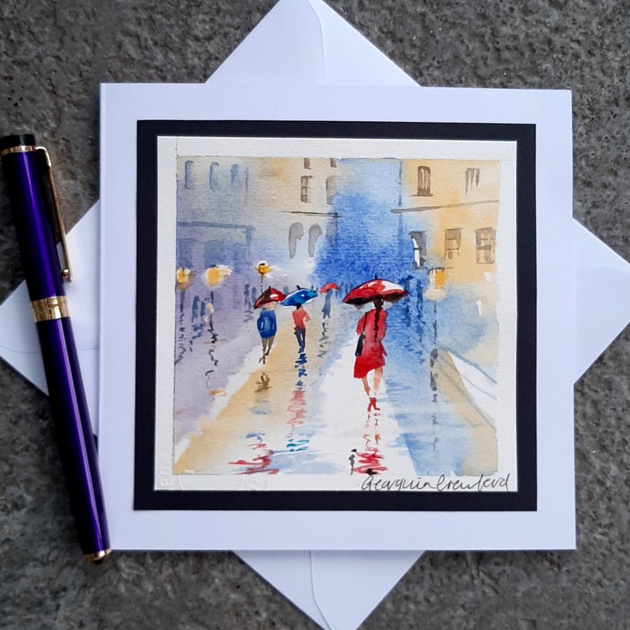 Blank Card. Red Umbrella. Handpainted Card Keepsake. Handmade Card