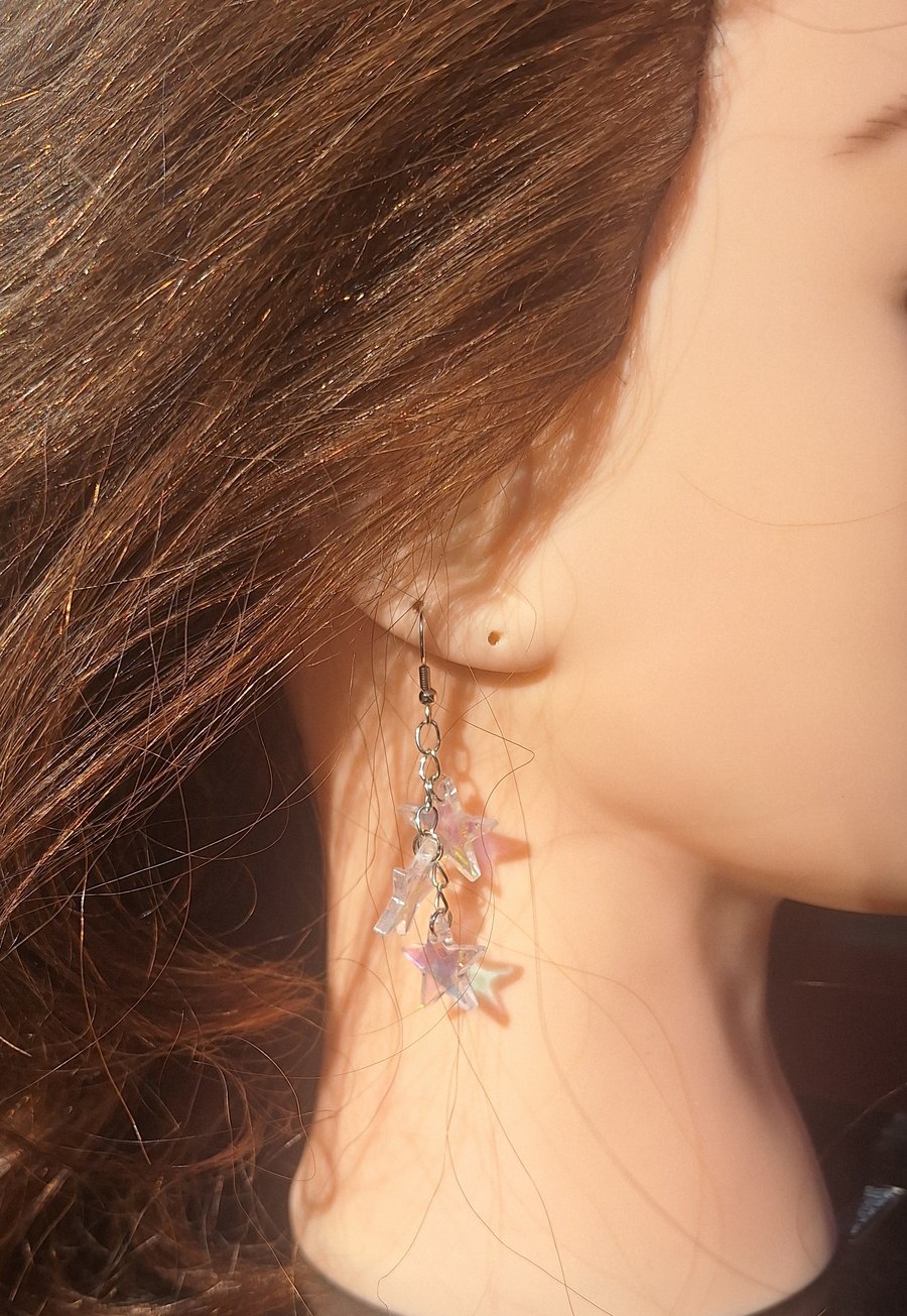 Iridescent Dangly 3 Star Earrings
