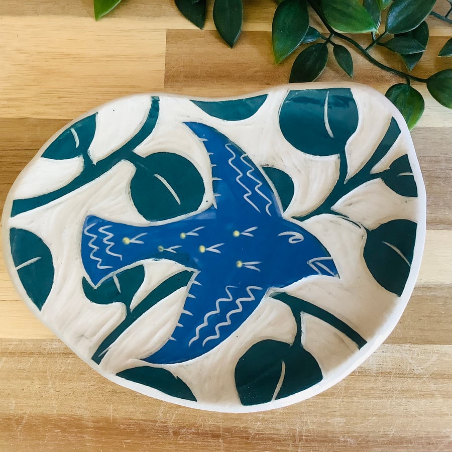 Handmade stoneware sgraffito flying blue bird trinket dish