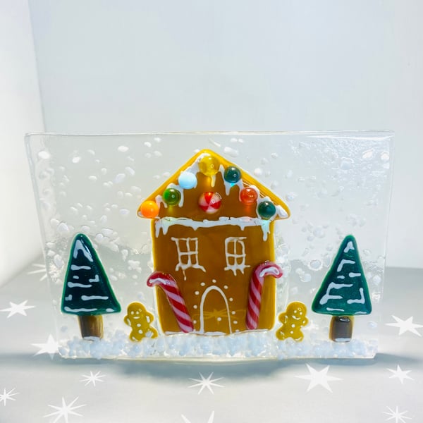 Handmade fused glass Christmas gingerbread house tealight candle holder