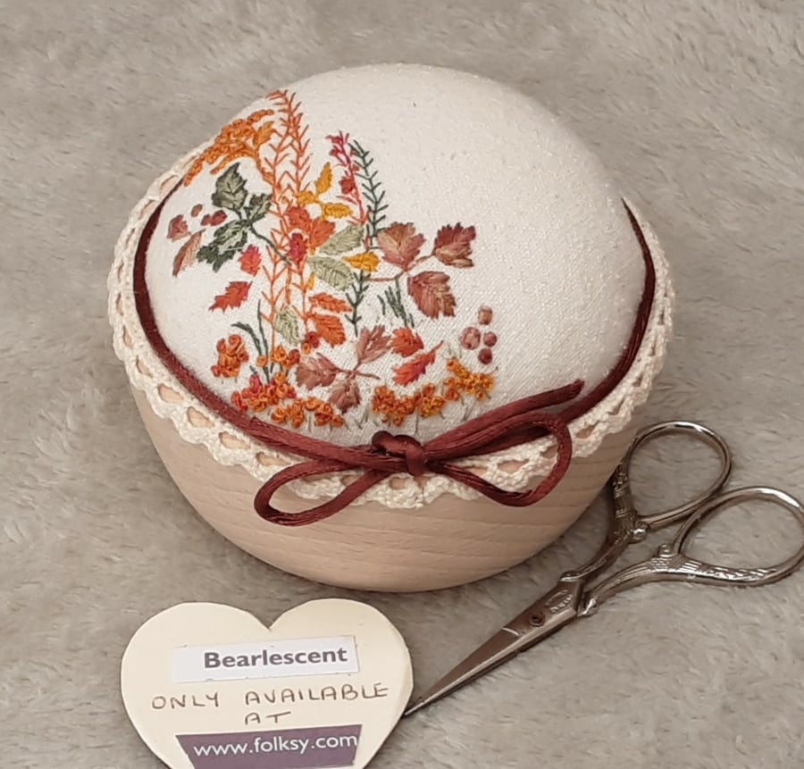 Hand Embroidered Pin Cushion, Autumn Pincushion designed by Bearlescent