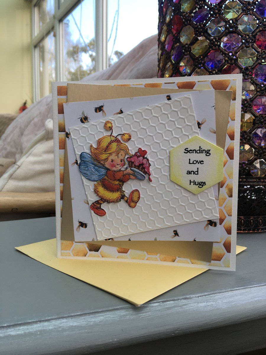 Little girl bumble bee sending love and hugs card