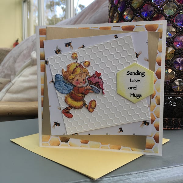 Little girl bumble bee sending love and hugs card