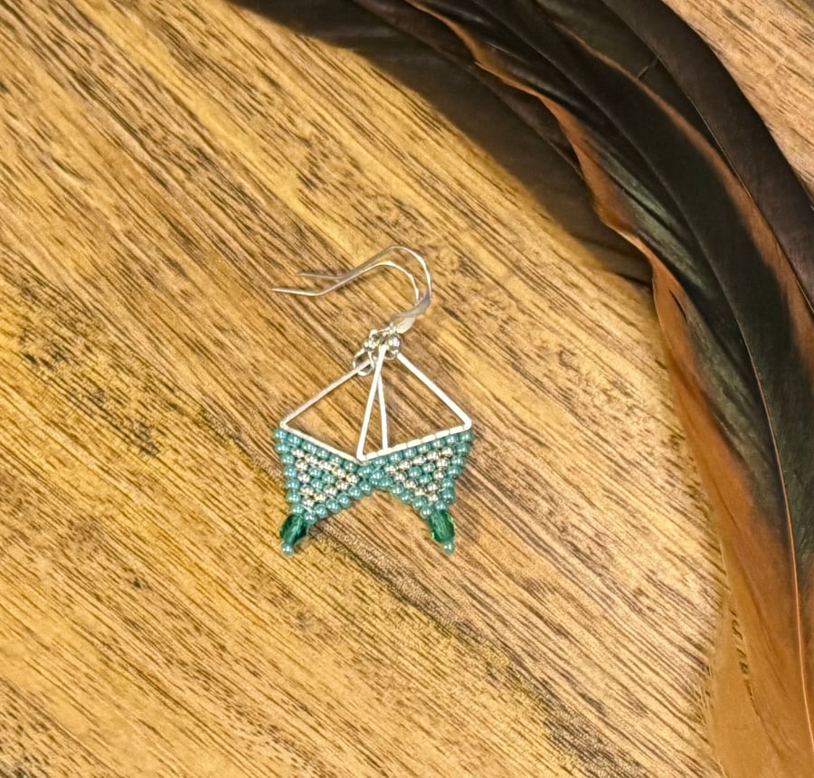 Turquoise and silver beadwork triangle earrings with Czech glass drop