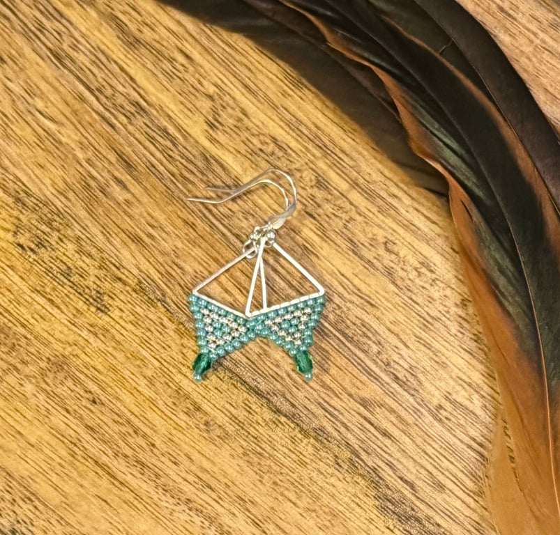 Turquoise and silver beadwork triangle earrings with Czech glass drop
