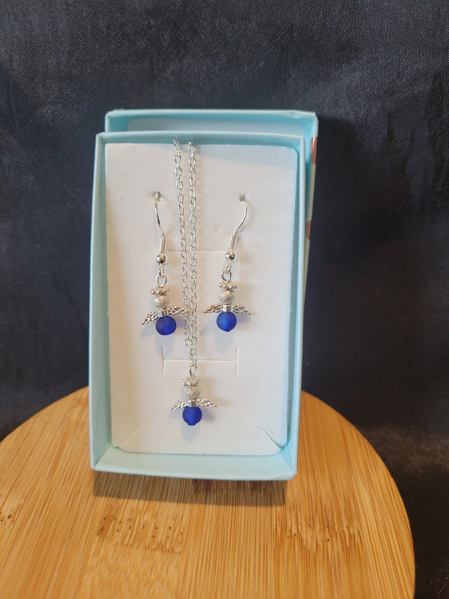 Sterling Silver Mini Angel Necklace and Earring Set - Blue Throat Chakra