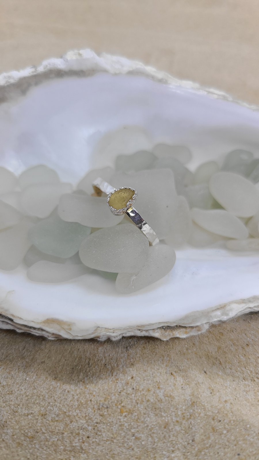 Light yellow gold sea glass and silver hammered ring gift for her SG26