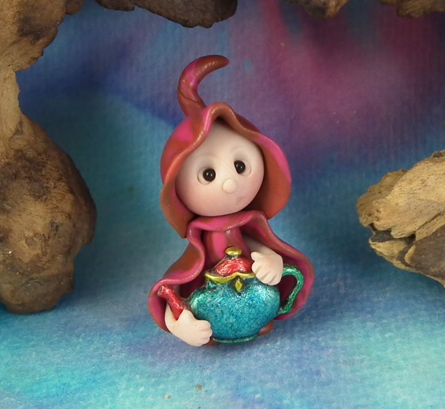 Tiny Garden Gnome 'Cally' with teapot OOAK Sculpt by Ann Galvin