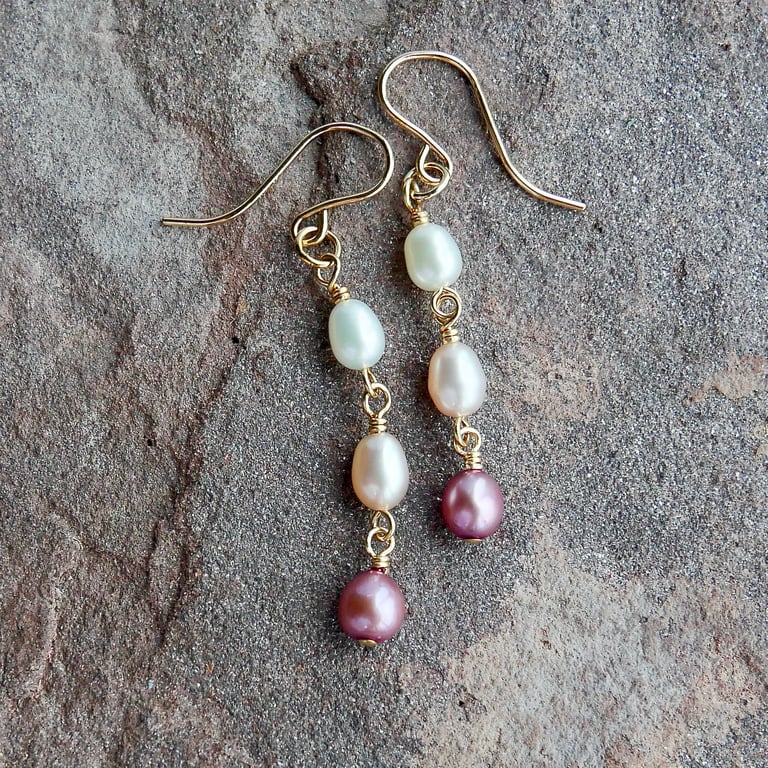 Trio of Pearls - Long Dangly Earrings on 14k Gold Filled Hooks