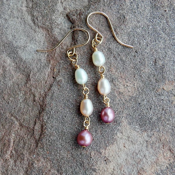 Trio of Pearls - Long Dangly Earrings on 14k Gold Filled Hooks