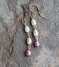 Trio of Pearls - Long Dangly Earrings on 14k Gold Filled Hooks