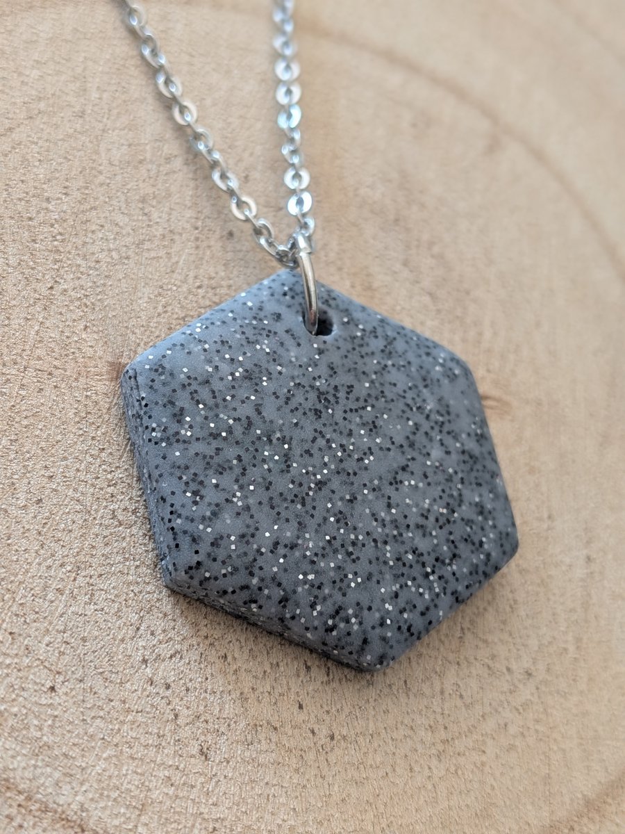 Grey Sparkle Hexagon Polymer Clay Necklace