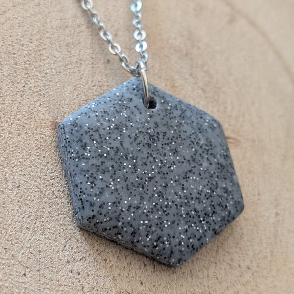 Grey Sparkle Hexagon Polymer Clay Necklace