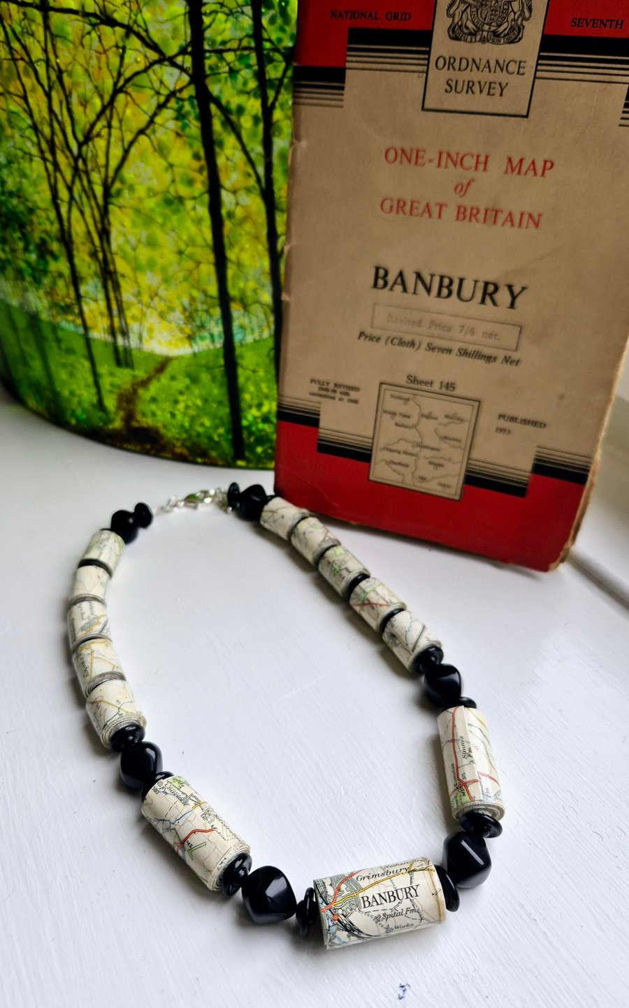 Statement paper beaded necklace made of an old OS map of Banbury and black beads