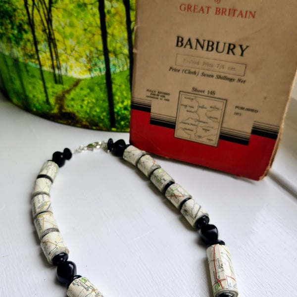 Statement paper beaded necklace made of an old OS map of Banbury and black beads