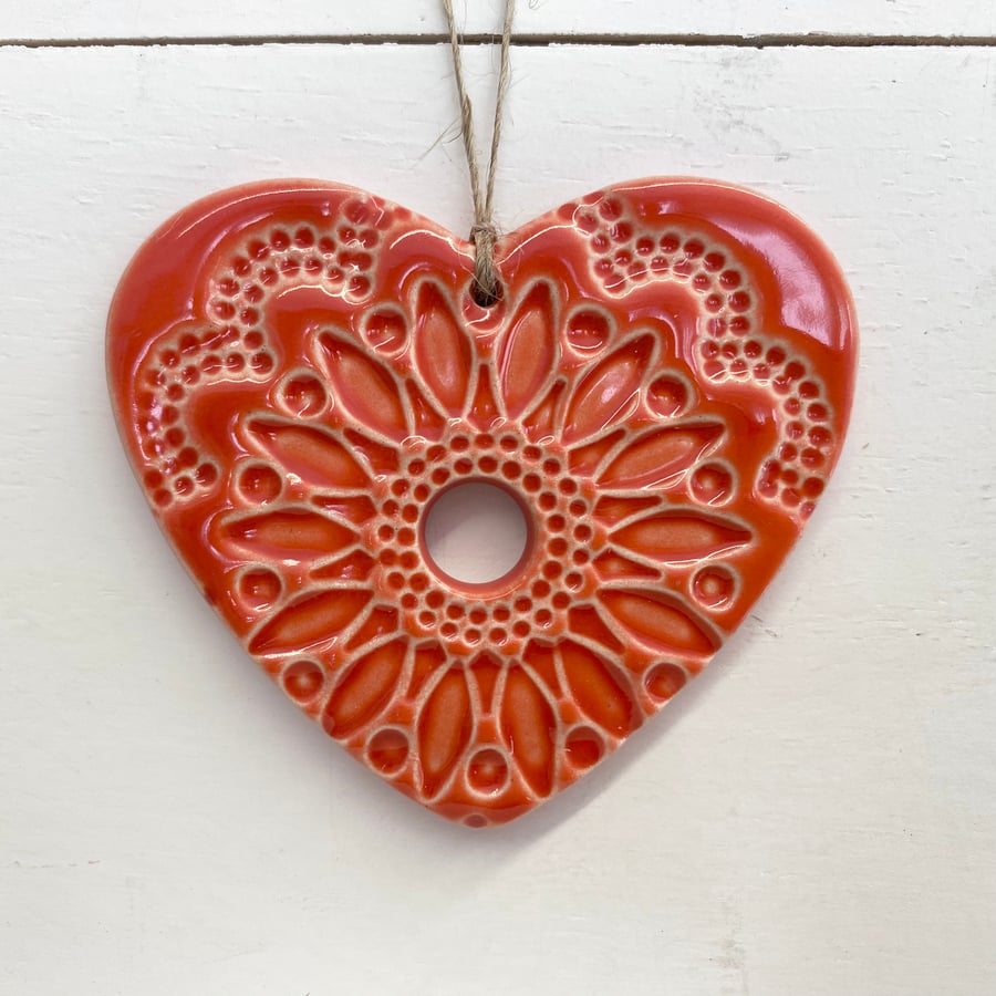 Pottery heart hanging decoration Dark Orange