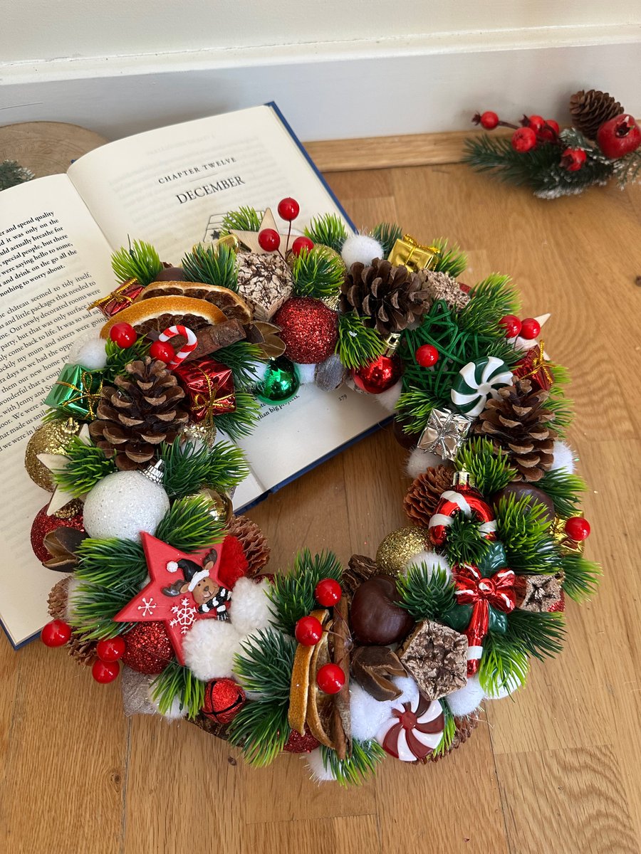 Red white green traditional Christmas wreath for front door , winter decor