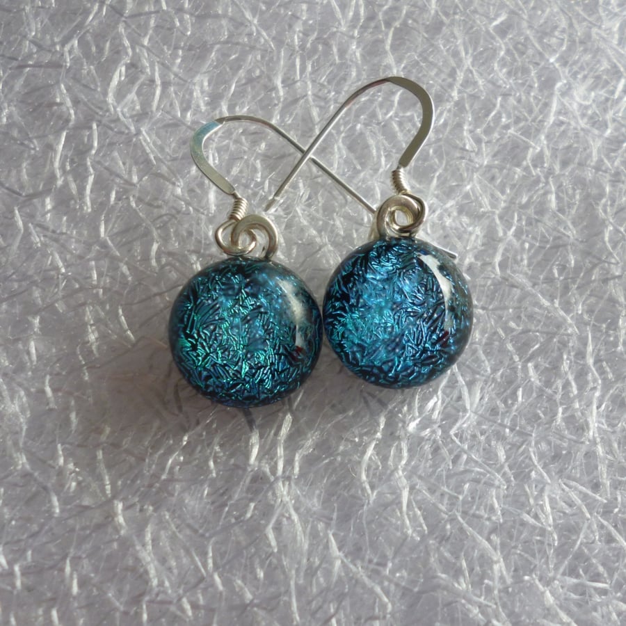 Blue Turquoise Dichroic Glass Earrings with 925 Silver Earwires