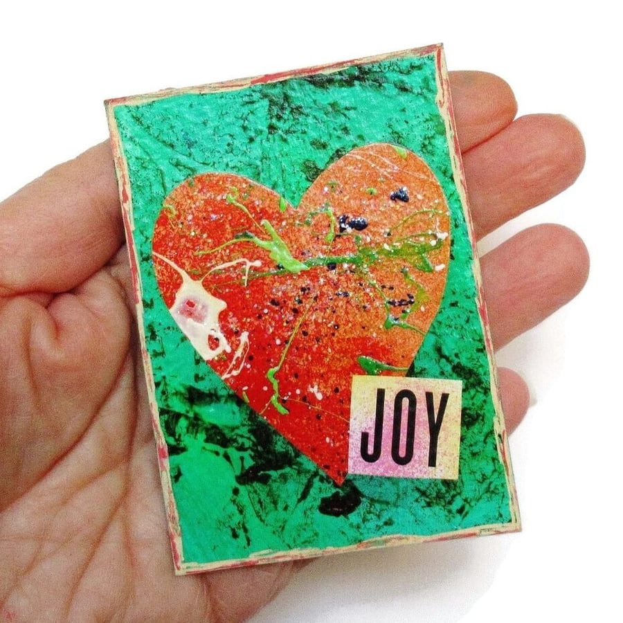 Original ACEO Inspirational Tiny Heart Art ATC Mixed Media Miniature Artwork JOY