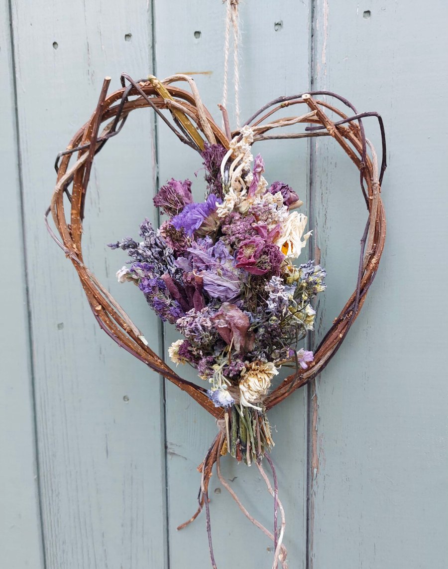 Dried Flower and Foliage Heart Shape Decoration. Handmade. 27x22cm