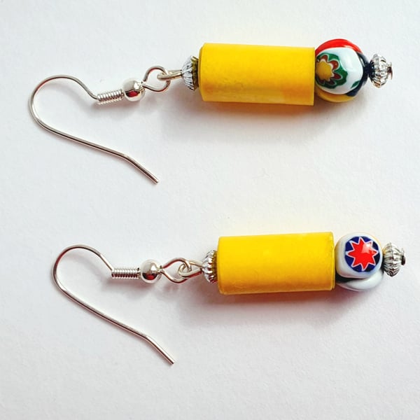 Unique and cute paper beaded earrings with a millefiori venetian glass bead