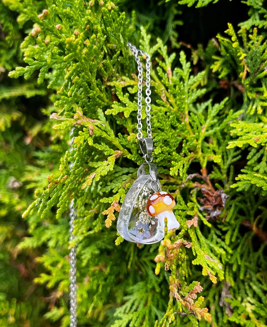 Floral Forget-me-Not Resin & Mushroom Necklace