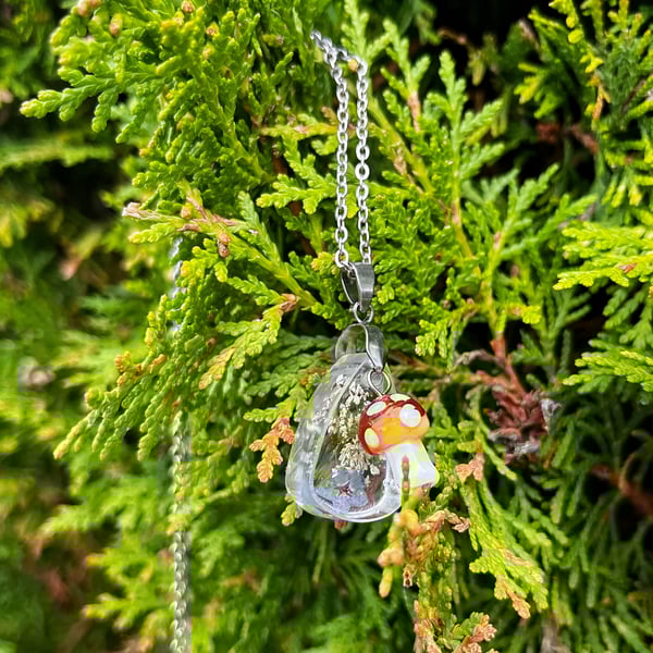 Floral Forget-me-Not Resin & Mushroom Necklace