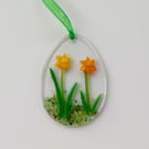 Fused glass Easter egg hanging decoration with daffodils