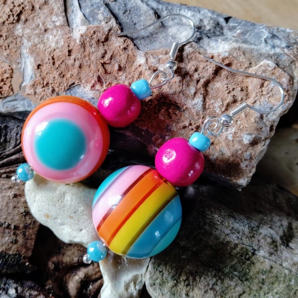 Hook earrings with multicoloured beads - dangle drop style